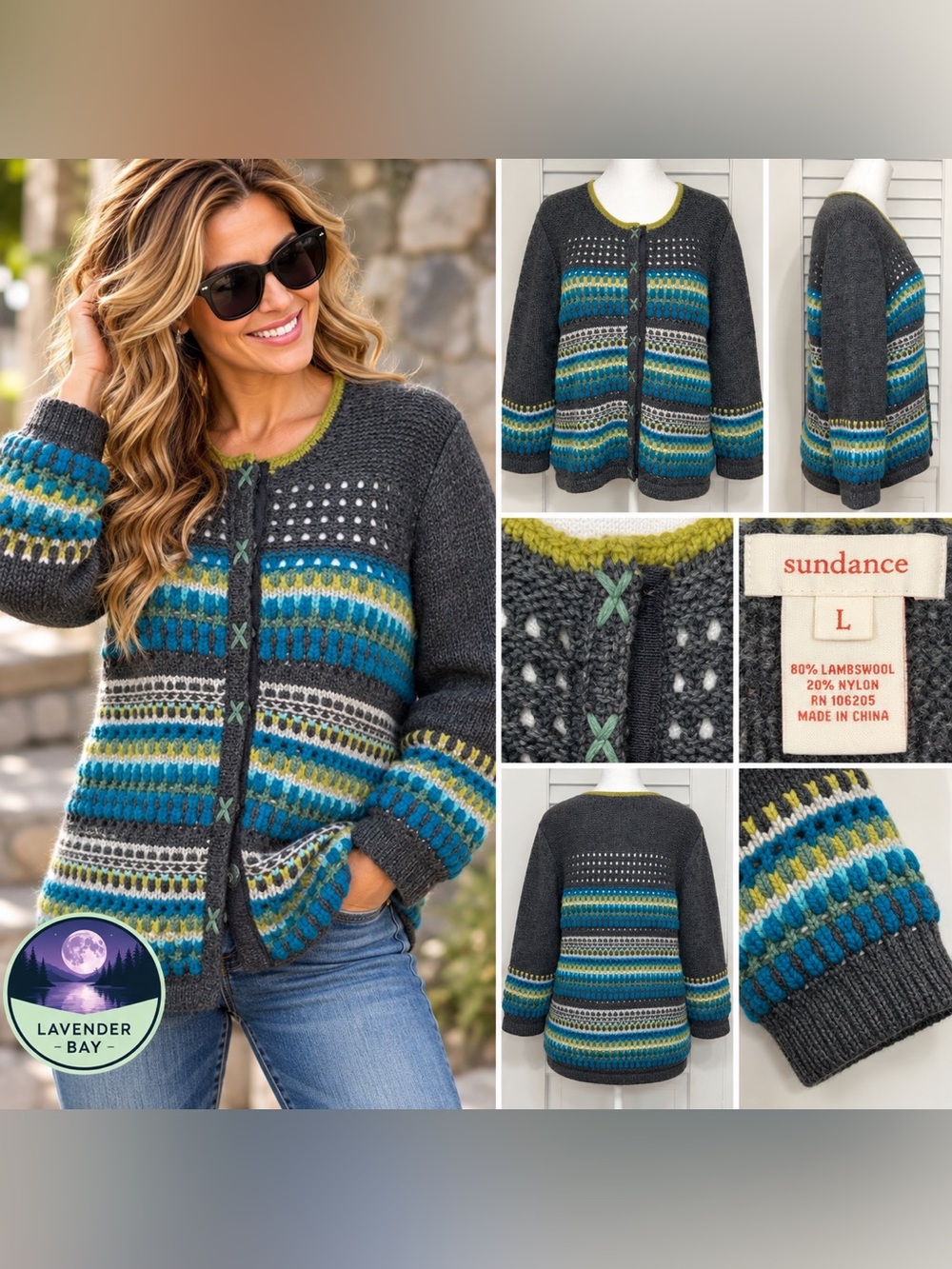 Sundance Lambswool Wool Cardigan Sweater L Textured Fair Isle Boho Artisan
